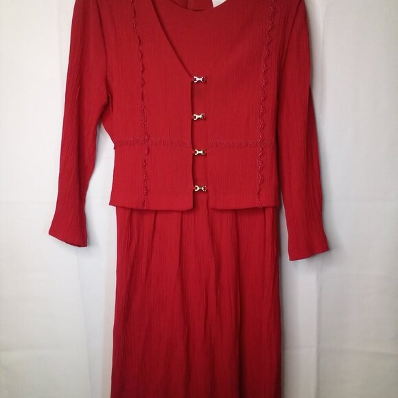 Miss Dorby Dress Women 14 Vintage Classic Attached Vest Textured Ribbed Red - Picture 2 of 16